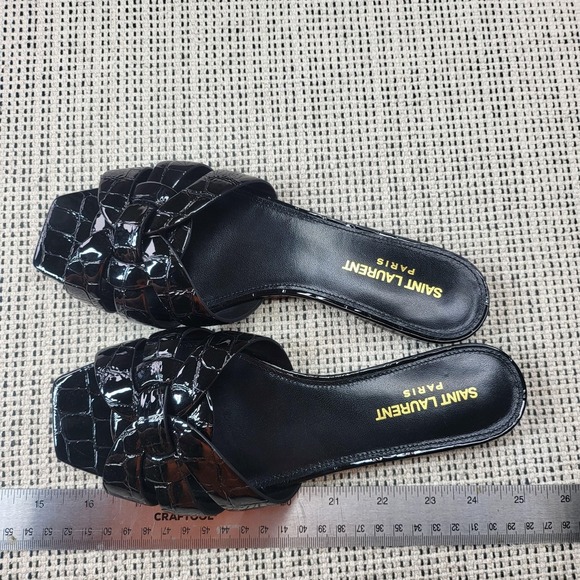 Saint Laurent Shoes - Saint Laurent Sandals Womens Size 7.5 Black Patent Leather Croc Slide Flat Italy